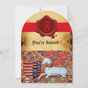 UNICORN FLORAL PARCHMENT RED WAX SEAL MONOGRAM KAART