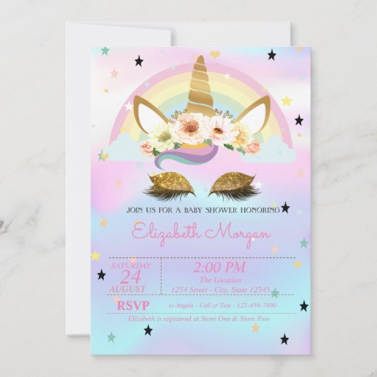 Unicorn Floral Rainbow Holographic Baby shower Kaart (Voorkant)