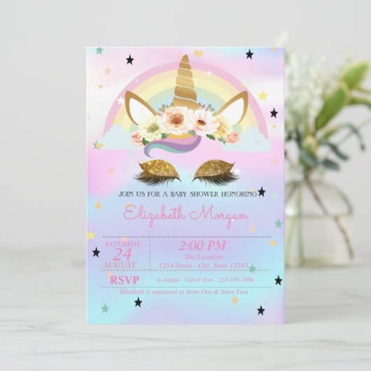 Unicorn Floral Rainbow Holographic Baby shower Kaart (Staand voorkant)
