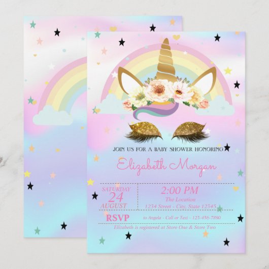 Unicorn Floral Rainbow Holographic Baby shower Kaart (Voorkant / Achterkant)