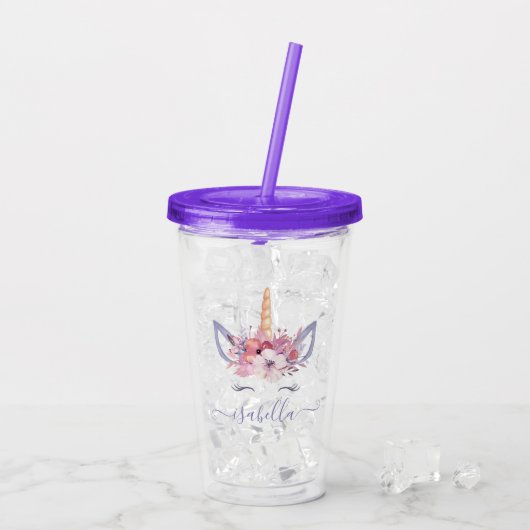 Unicorn floral waterverf roze, modern, schattig acryl drinkbeker (Achterkant ijs)