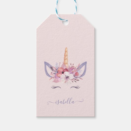Unicorn florale waterverf verjaardag cadeaulabel (Voorkant)