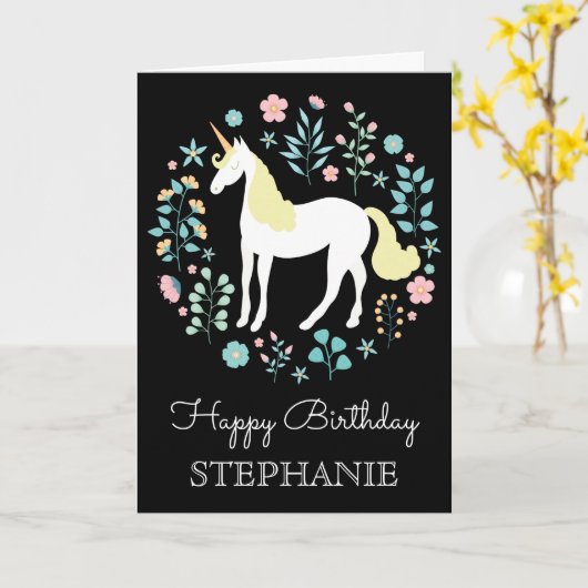 Unicorn & Flowers Black, op maat gesneden Kaart (Gele Bloem)