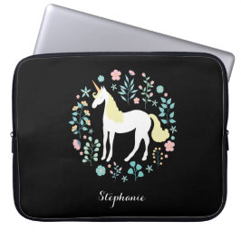  Unicorn & Flowers Black, op maat gesneden Laptop Sleeve