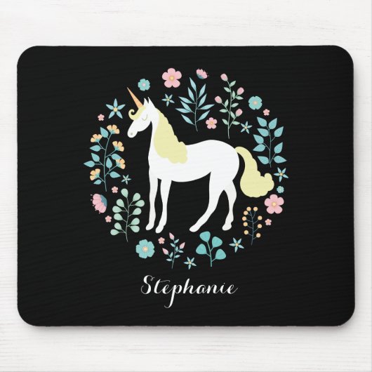  Unicorn & Flowers Black, op maat gesneden Muismat (Voorkant)