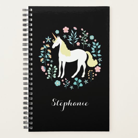  Unicorn & Flowers Black, op maat gesneden Planner (Voorkant)