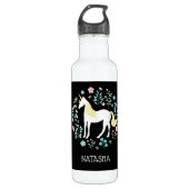  Unicorn & Flowers Black, op maat gesneden Waterfles (Voorkant)