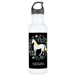  Unicorn & Flowers Black, op maat gesneden Waterfles
