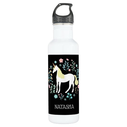  Unicorn & Flowers Black, op maat gesneden Waterfles (Voorkant)