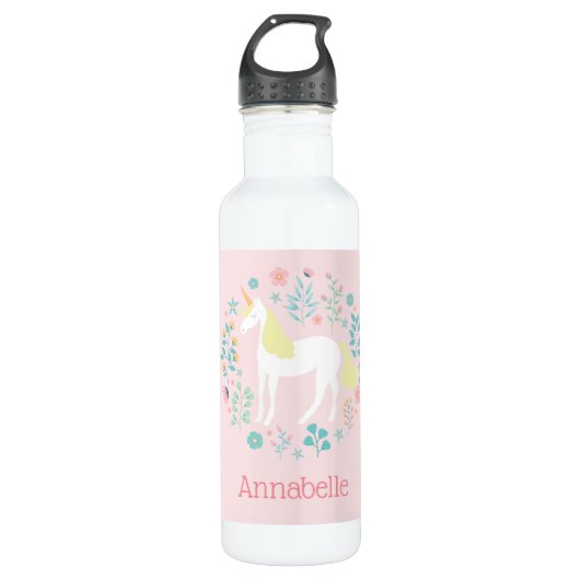 Unicorn & Flowers Blush Pink op maat Waterfles (Voorkant)