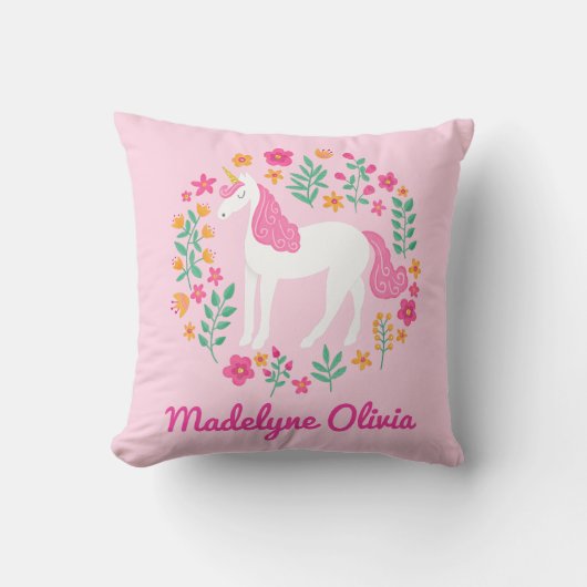 Unicorn Flowers Cute Pink Persoonlijke naam Kussen (Voorkant)