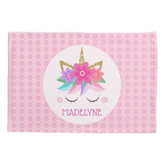 Unicorn Flowers Cute Pink Persoonlijke naam Kussensloop (Achterkant)