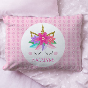 Unicorn Flowers Cute Pink Persoonlijke naam Kussensloop