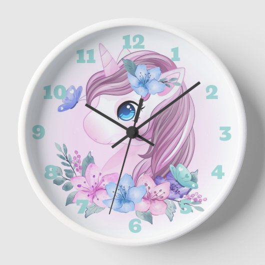 Unicorn, Flowers en Butterflies Large Clock (Voorkant)