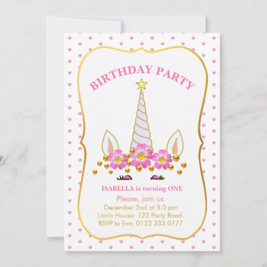 Unicorn, Flowers en Confetti Birthday Kaart (Voorkant)