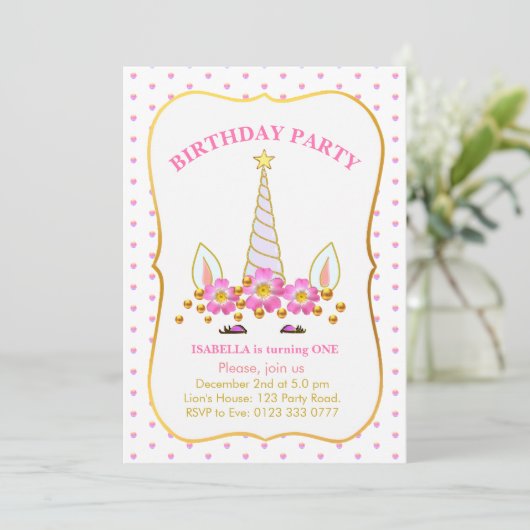 Unicorn, Flowers en Confetti Birthday Kaart (Staand voorkant)