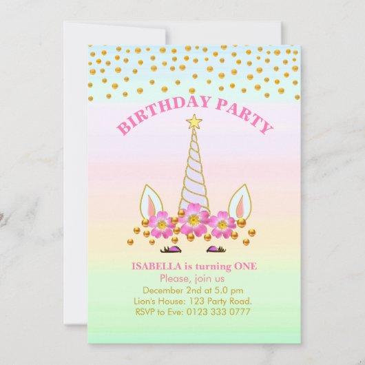 Unicorn, Flowers en Confetti Birthday Kaart (Voorkant)