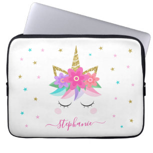 Unicorn Flowers Gold Glitter - Gepersonaliseerd Laptop Sleeve