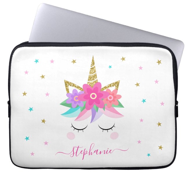 Unicorn Flowers Gold Glitter - Gepersonaliseerd Laptop Sleeve (Voorkant)