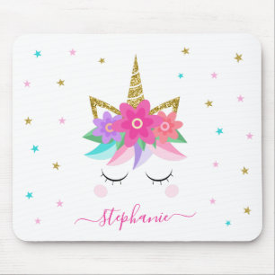 Unicorn Flowers Gold Glitter - Gepersonaliseerd Muismat