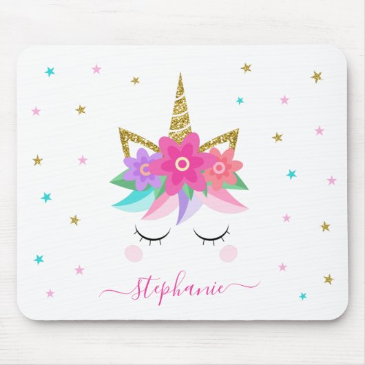 Unicorn Flowers Gold Glitter - Gepersonaliseerd Muismat (Voorkant)