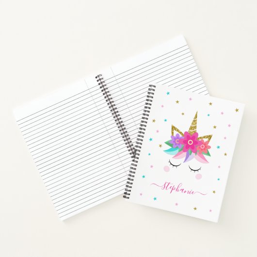 Unicorn Flowers Gold Glitter - Gepersonaliseerd Notitieboek (Binnen)