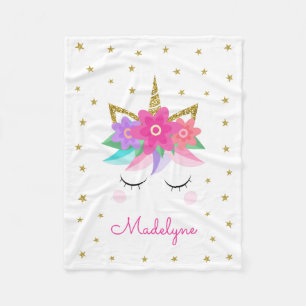 Unicorn Flowers Gold Glitter Personalized Girly Fleece Deken