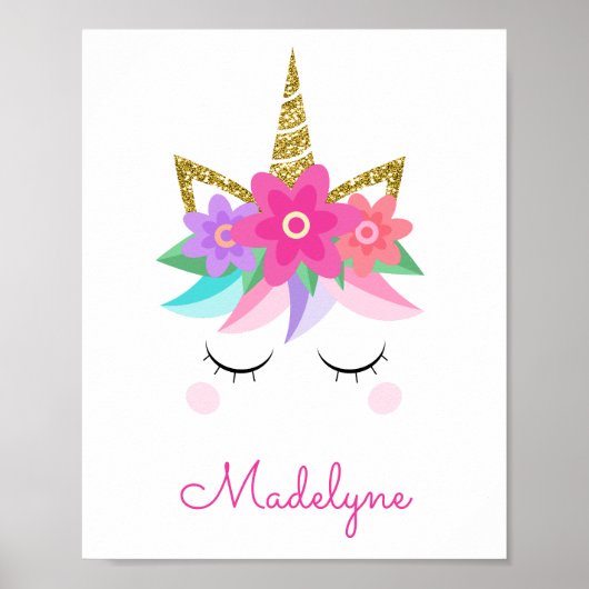 Unicorn Flowers Gold Glitter Persoonlijke naam Poster (Voorkant)