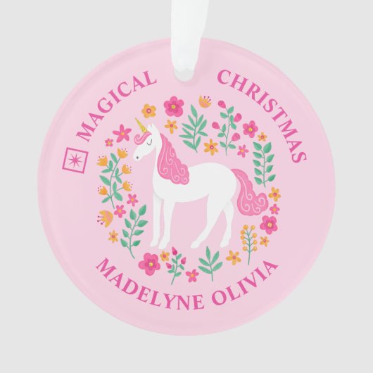 Unicorn Flowers Magical Kerstroze Girly Ornament (voorkant)