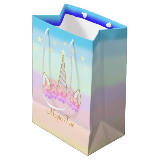Unicorn Flowers & Stars Medium Cadeauzakje (Voorkant Gekanteld)