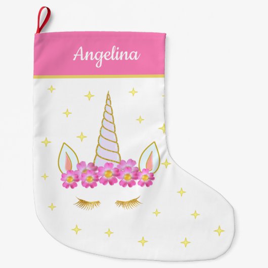 Unicorn Flowers & Stars on Pink & White Grote Kerstsok (Voorkant)