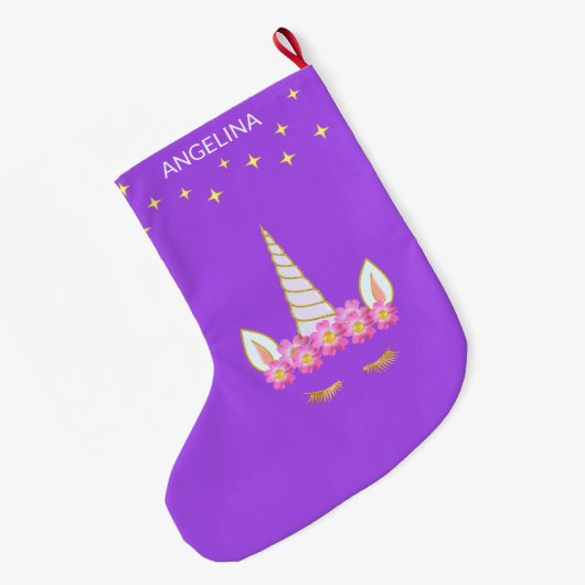 Unicorn Flowers & Stars op Violet Grote Kerstsok (Achterkant (Hangend))