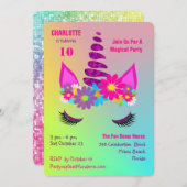 Unicorn Flowery Super Cute Girly Birthday Invite Kaart (Voorkant / Achterkant)