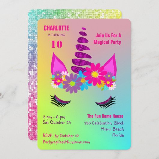 Unicorn Flowery Super Cute Girly Birthday Invite Kaart (Voorkant / Achterkant)