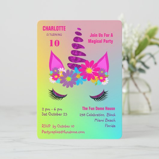 Unicorn Flowery Super Cute Girly Birthday Invite Kaart (Staand voorkant)