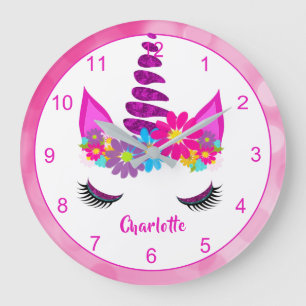 Unicorn Flowery Super Cute Girly Personalized Larg Grote Klok