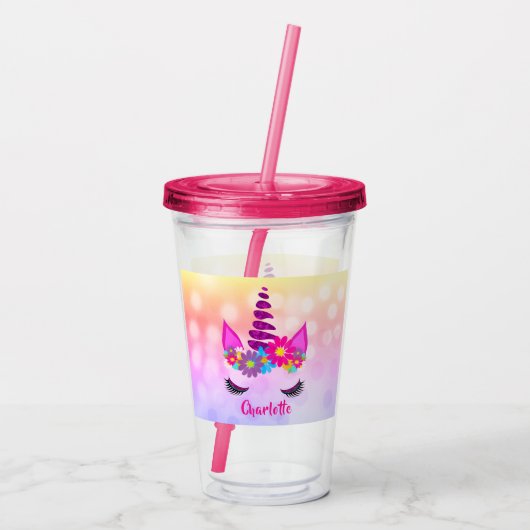 Unicorn Flowery Super Cute Girly, persoonlijk Acryl Drinkbeker (Achterkant)