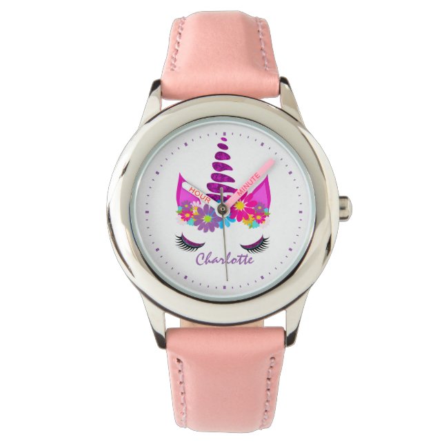 Unicorn Flowery Super Cute Girly, persoonlijk Horloge (Voorkant)