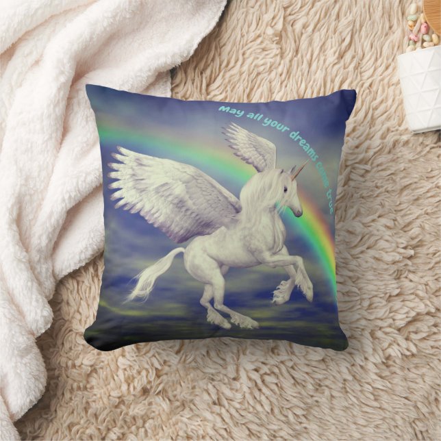 Unicorn Flying Over Rainbow Dreams Inspirational Kussen (Deken)