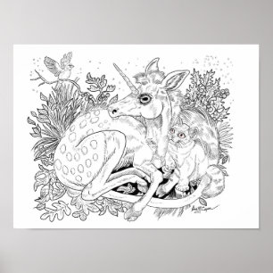 Unicorn Foal Enchanted Friends Coloring Page Poster
