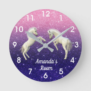 Unicorn Foals Paars Pink Glitter Persoonlijk Ronde Klok