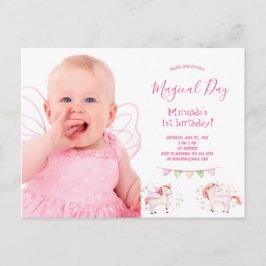 Unicorn foto 1e verjaardagsfeestje meisjesuitnodig briefkaart
