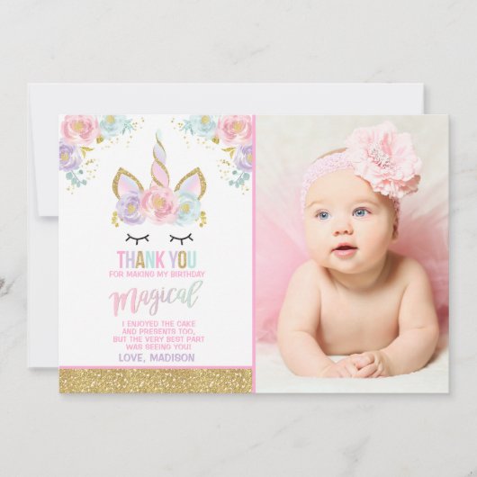 Unicorn Foto Hartelijk dank voor uw kaart Roze Gol (Voorkant)