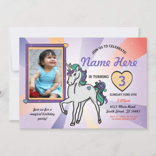 Unicorn Foto van Birthday Uitnodiging Paars Hearts (Voorkant)