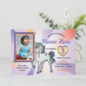 Unicorn Foto van Birthday Uitnodiging Paars Hearts (Staand voorkant)