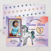 Unicorn Foto van Birthday Uitnodiging Paars Hearts (Voorkant / Achterkant)