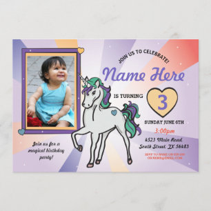 Unicorn Foto van Birthday Uitnodiging Paars Hearts