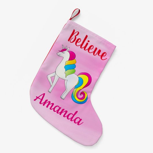 Unicorn gelooft Cute Pink Aangepaste naam Kleine Kerstsok (Voorkant (Hangend))