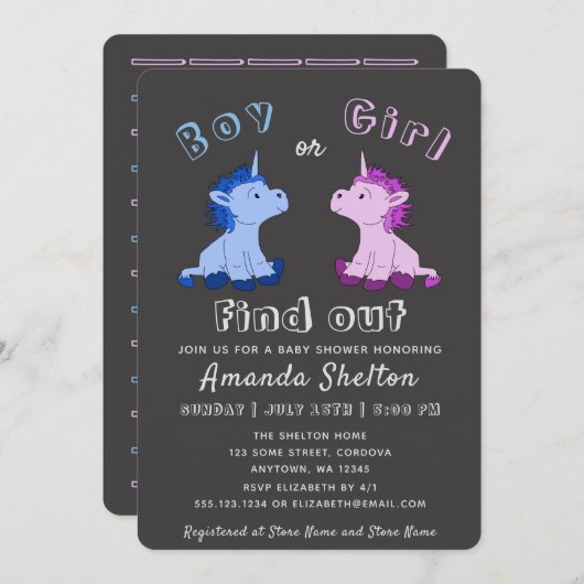 Unicorn Gender Reveal Baby shower Invitation Kaart (Voorkant / Achterkant)