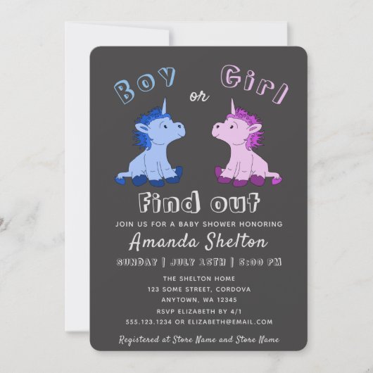 Unicorn Gender Reveal Baby shower Invitation Kaart (Voorkant)